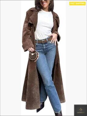 Faux Suede Trench Coat Double Breasted Maxi Overcoat Notched Lapel Chic